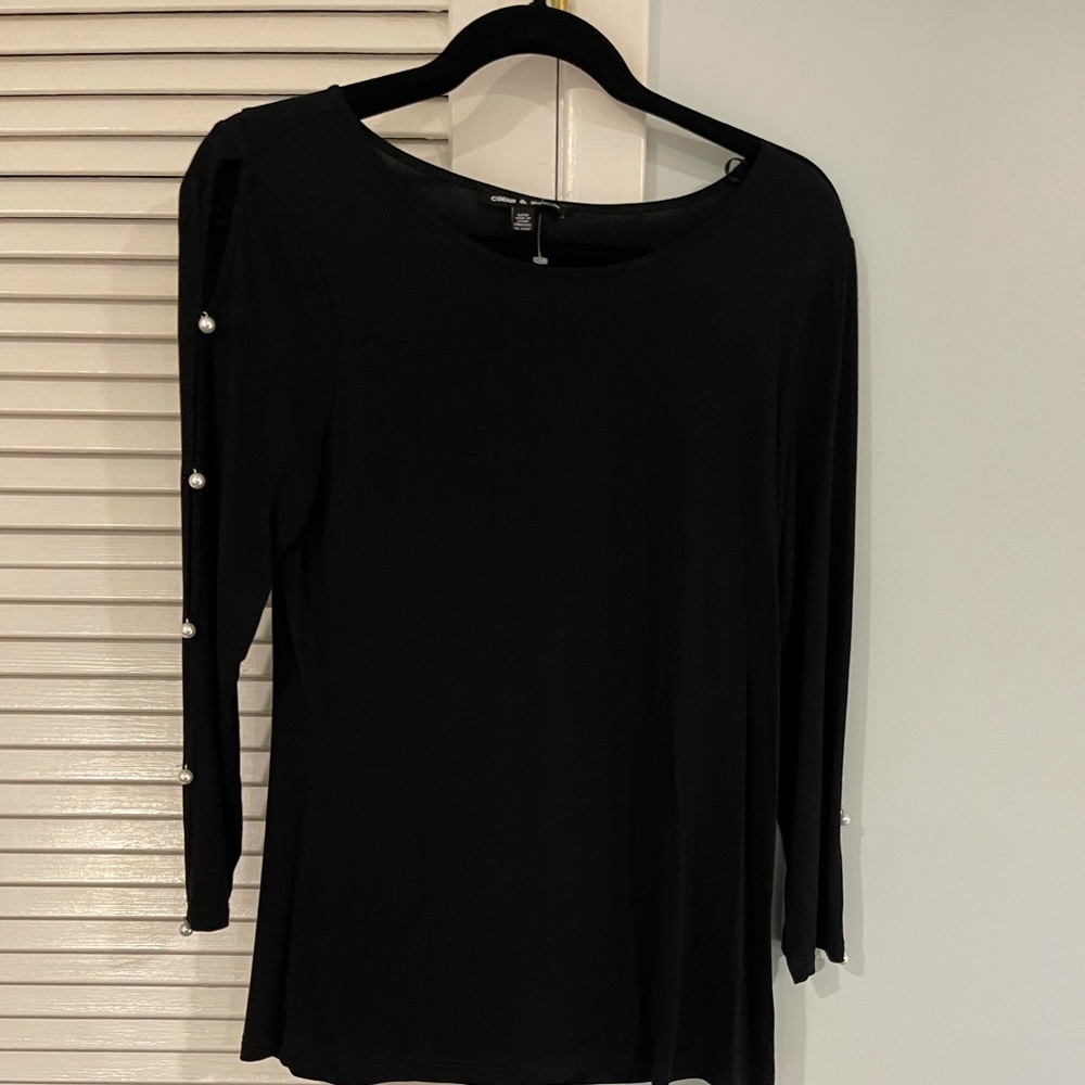 NWOT Black Top with Pearl Accents